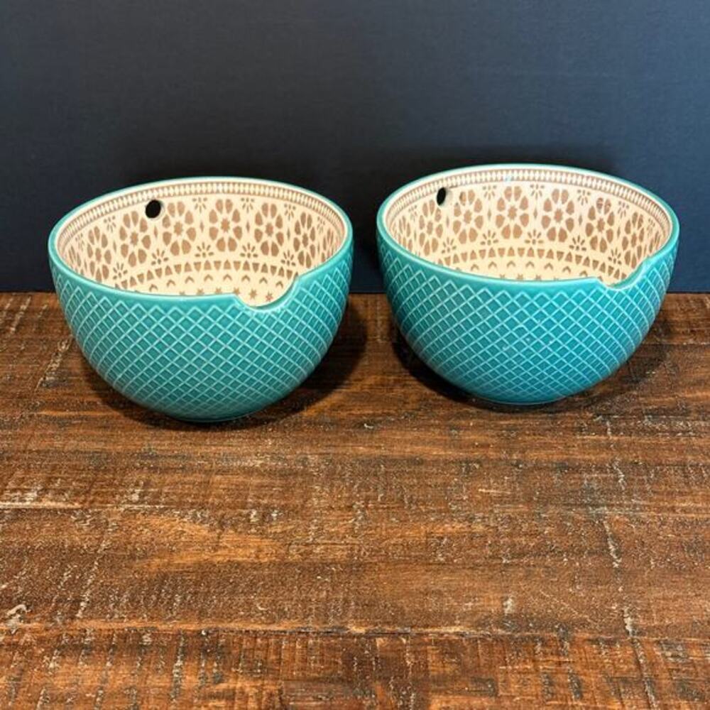 Signature‎ Ceramic Noodle Bowl Yarn Bowl Holder Notched Japanese Ramen Pot Teal